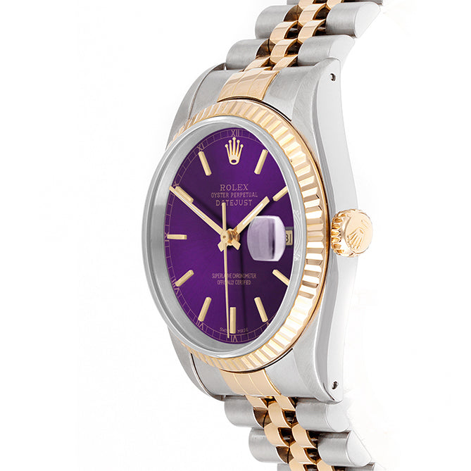 Rolex Datejust 36mm TWO TONE 16233 Purple  Dial | Stick  Hour Markers | Fluted Bezel