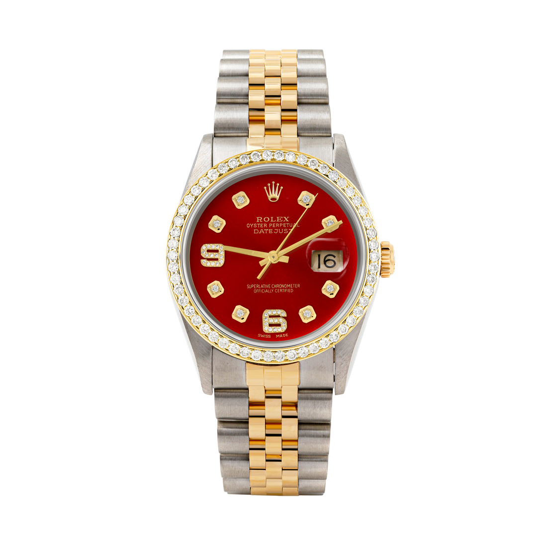 Rolex Datejust 36mm TWO TONE 16233 Red  Dial |  6&9 Diamond  Hour Markers | 1ct Diamond Bezel