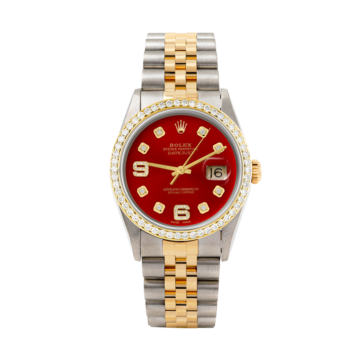 Rolex Datejust 36mm TWO TONE 16233 Red  Dial |  6&9 Diamond  Hour Markers | 1ct Diamond Bezel