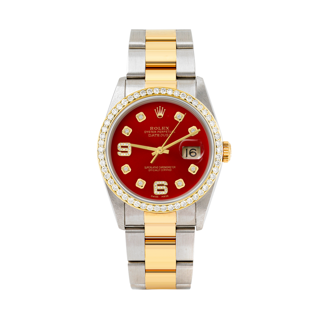 Rolex Datejust 36mm TWO TONE 16233 Red  Dial |  6&9 Diamond  Hour Markers | 1ct Diamond Bezel