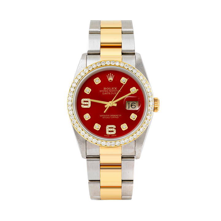 Rolex Datejust 36mm TWO TONE 16233 Red  Dial |  6&9 Diamond  Hour Markers | 1ct Diamond Bezel