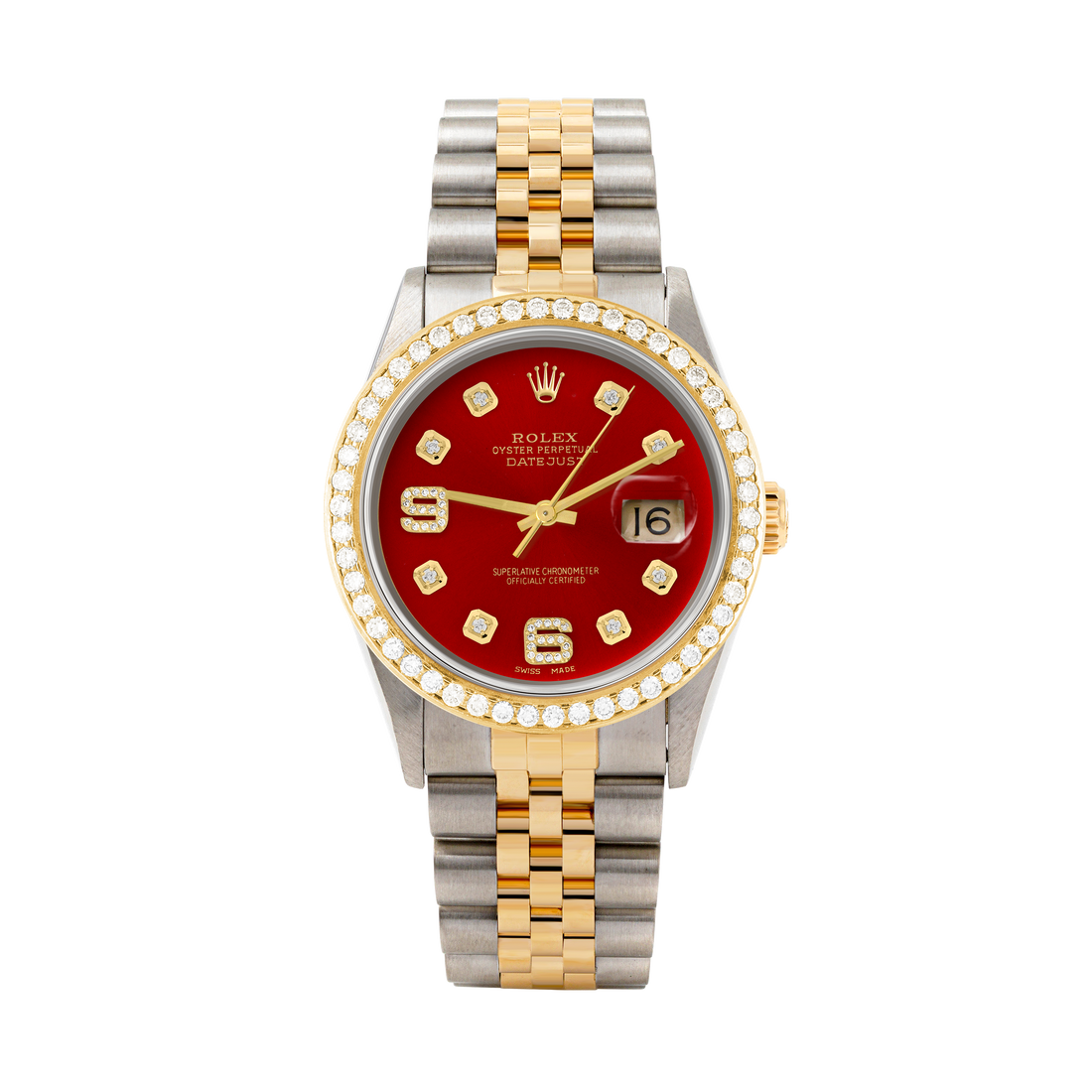 Rolex Datejust 36mm TWO TONE 16233 Red Dial | 6&9 Diamond Hour Markers | 1.8ct Diamond Bezel