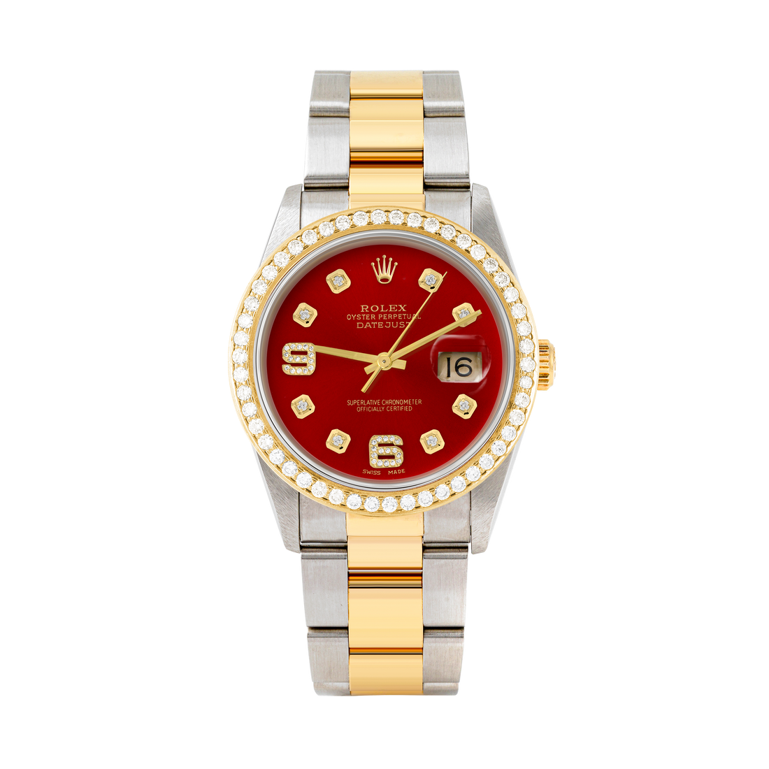 Rolex Datejust 36mm TWO TONE 16233 Red Dial | 6&9 Diamond Hour Markers | 1.8ct Diamond Bezel
