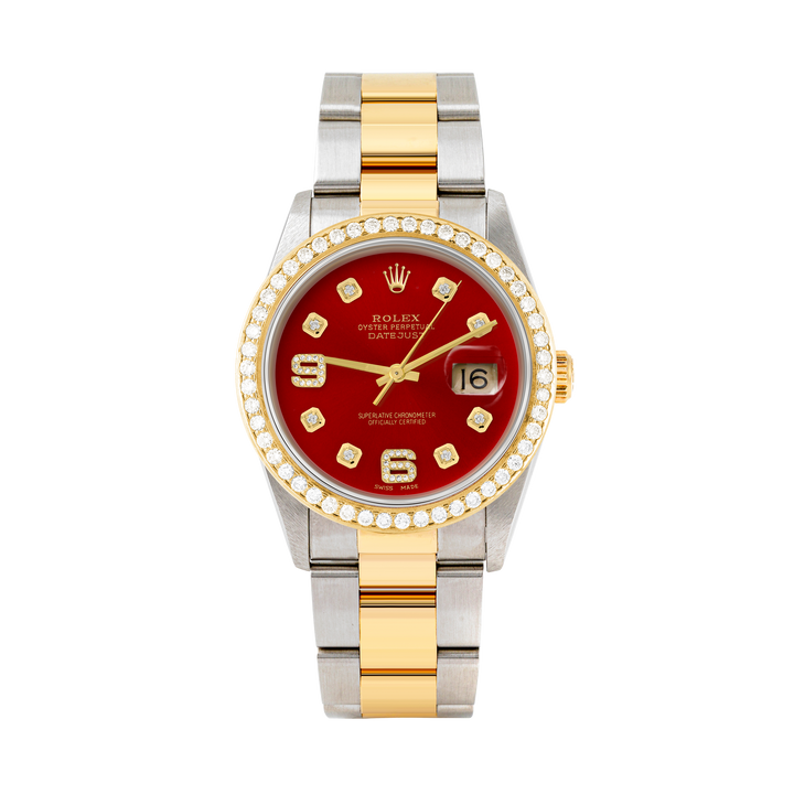 Rolex Datejust 36mm TWO TONE 16233 Red Dial | 6&9 Diamond Hour Markers | 1.8ct Diamond Bezel