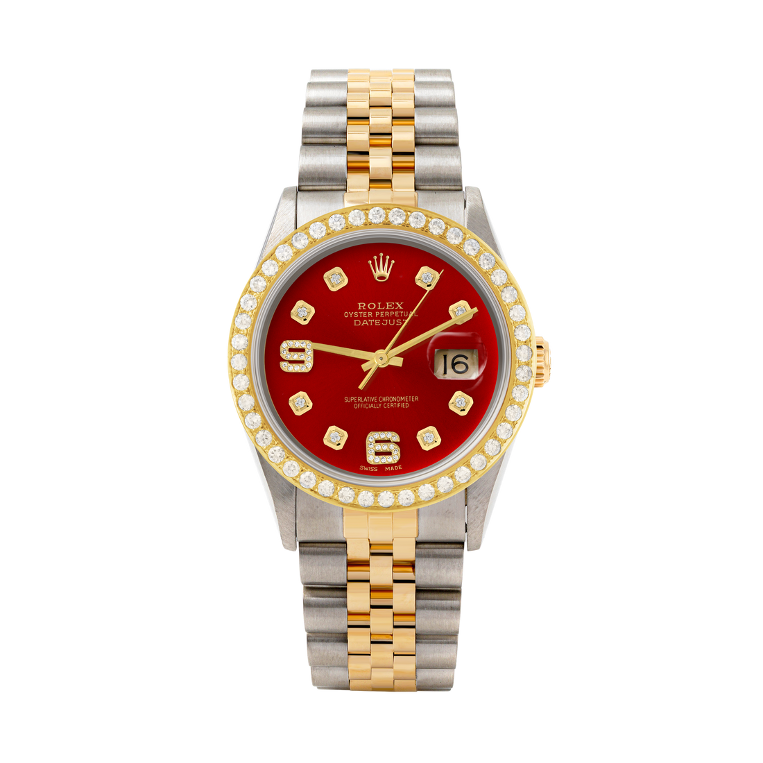 Rolex Datejust 36mm TWO TONE 16233 Red  Dial |  6&9 Diamond  Hour Markers | 2ct Diamond Bezel
