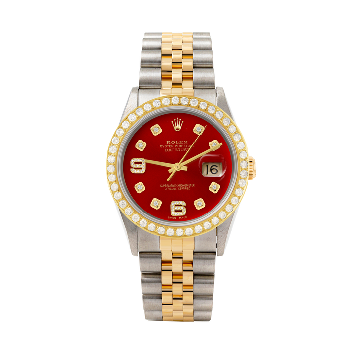 Rolex Datejust 36mm TWO TONE 16233 Red  Dial |  6&9 Diamond  Hour Markers | 2ct Diamond Bezel