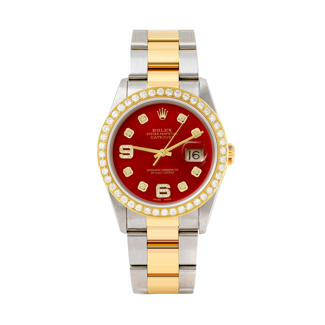 Rolex Datejust 36mm TWO TONE 16233 Red  Dial |  6&9 Diamond  Hour Markers | 2ct Diamond Bezel