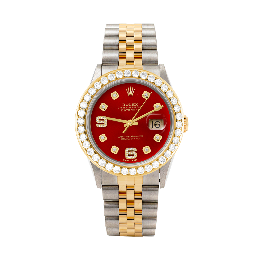 Rolex Datejust 36mm TWO TONE 16233 Red Dial | 6&9 Diamond Hour Markers | 2.5ct Diamond Bezel