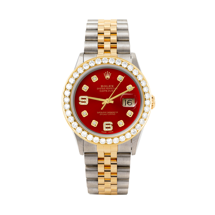 Rolex Datejust 36mm TWO TONE 16233 Red Dial | 6&9 Diamond Hour Markers | 2.5ct Diamond Bezel