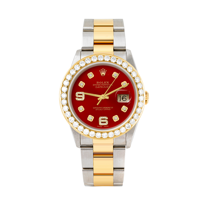 Rolex Datejust 36mm TWO TONE 16233 Red Dial | 6&9 Diamond Hour Markers | 2.5ct Diamond Bezel