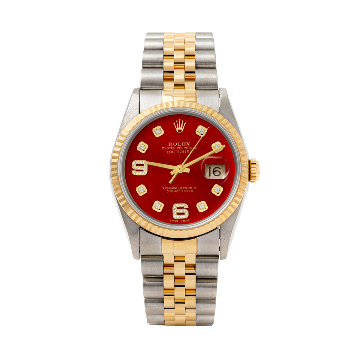 Rolex Datejust 36mm TWO TONE 16233 Red  Dial | 6&9 Diamond  Hour Markers | Fluted Bezel