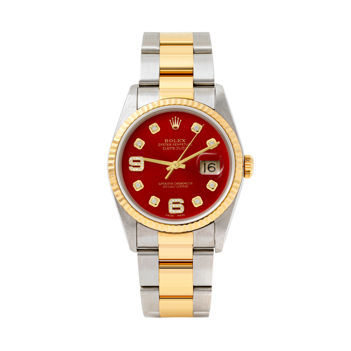 Rolex Datejust 36mm TWO TONE 16233 Red  Dial | 6&9 Diamond  Hour Markers | Fluted Bezel