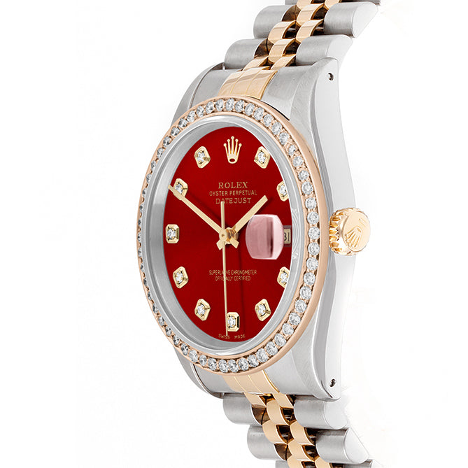 Rolex Datejust 36mm TWO TONE 16233 Red  Dial |  Diamond Hour Markers | 1ct Diamond Bezel