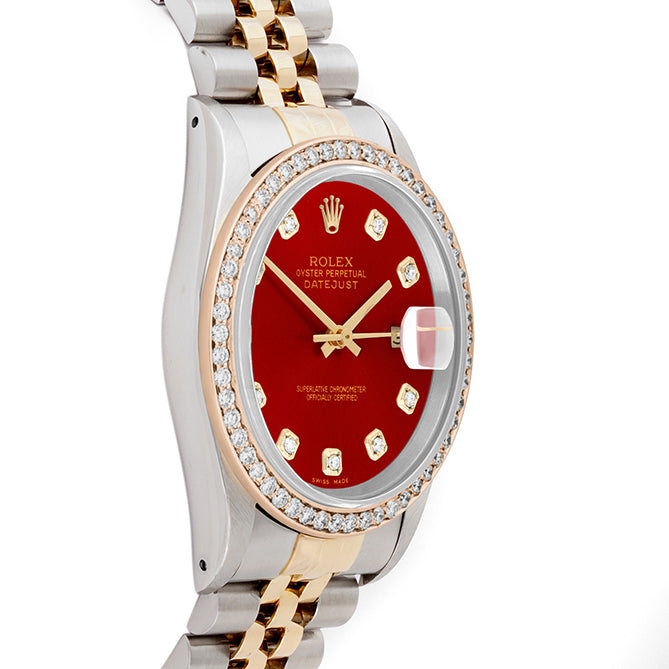 Rolex Datejust 36mm TWO TONE 16233 Red Dial | 6&9 Diamond Hour Markers | 2.5ct Diamond Bezel