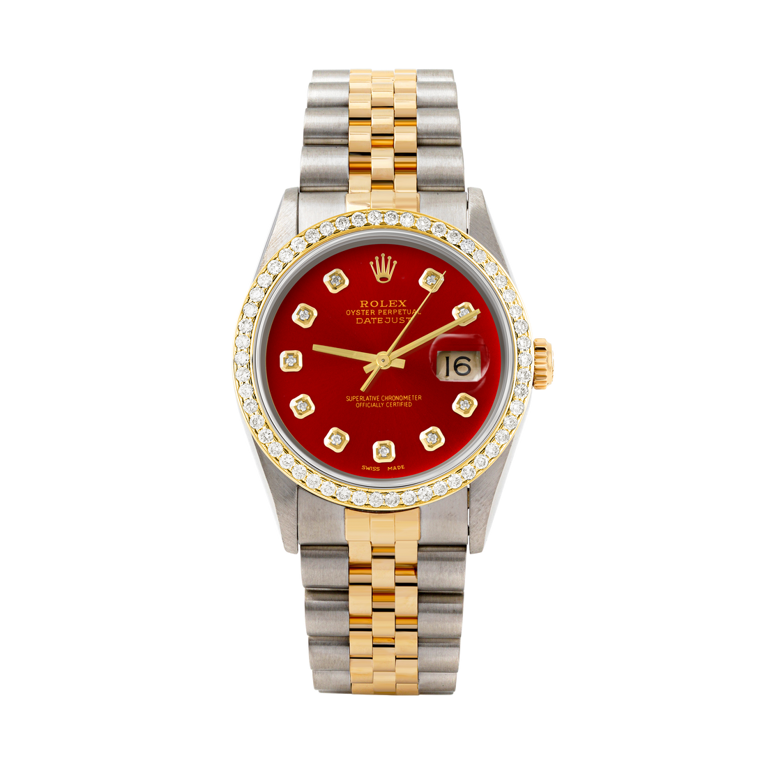 Rolex Datejust 36mm TWO TONE 16233 Red  Dial |  Diamond Hour Markers | 1ct Diamond Bezel