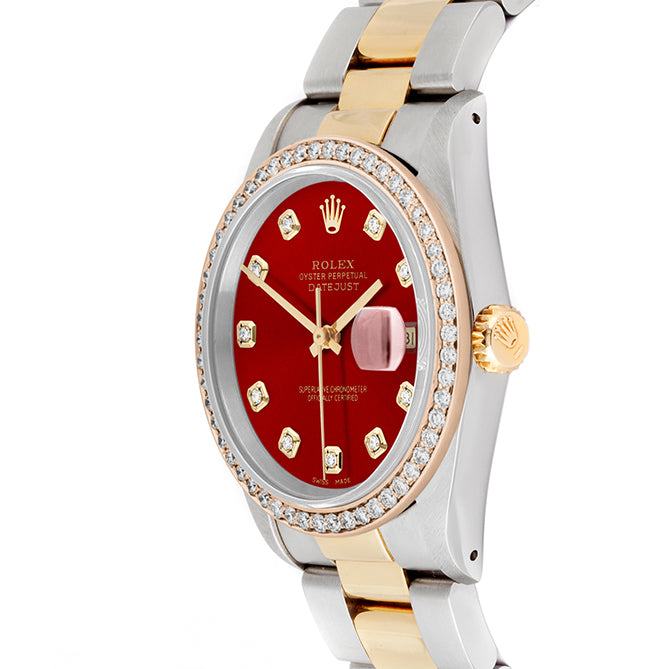 Rolex Datejust 36mm TWO TONE 16233 Red  Dial |  Diamond Hour Markers | 1ct Diamond Bezel