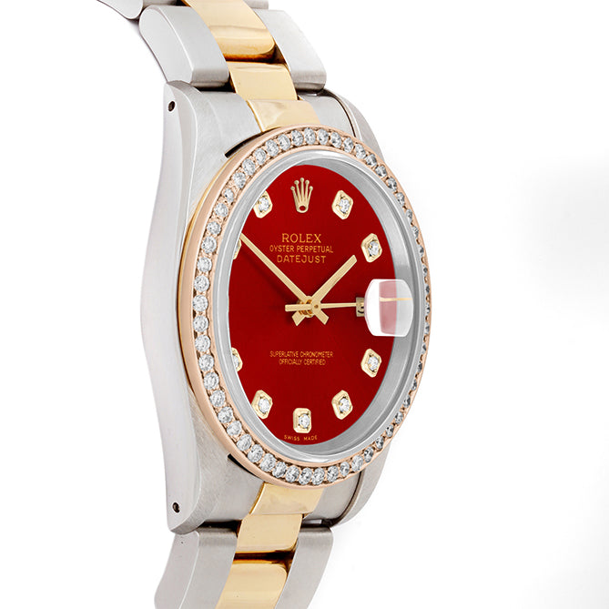 Rolex Datejust 36mm TWO TONE 16233 Red  Dial |  Diamond Hour Markers | 1ct Diamond Bezel