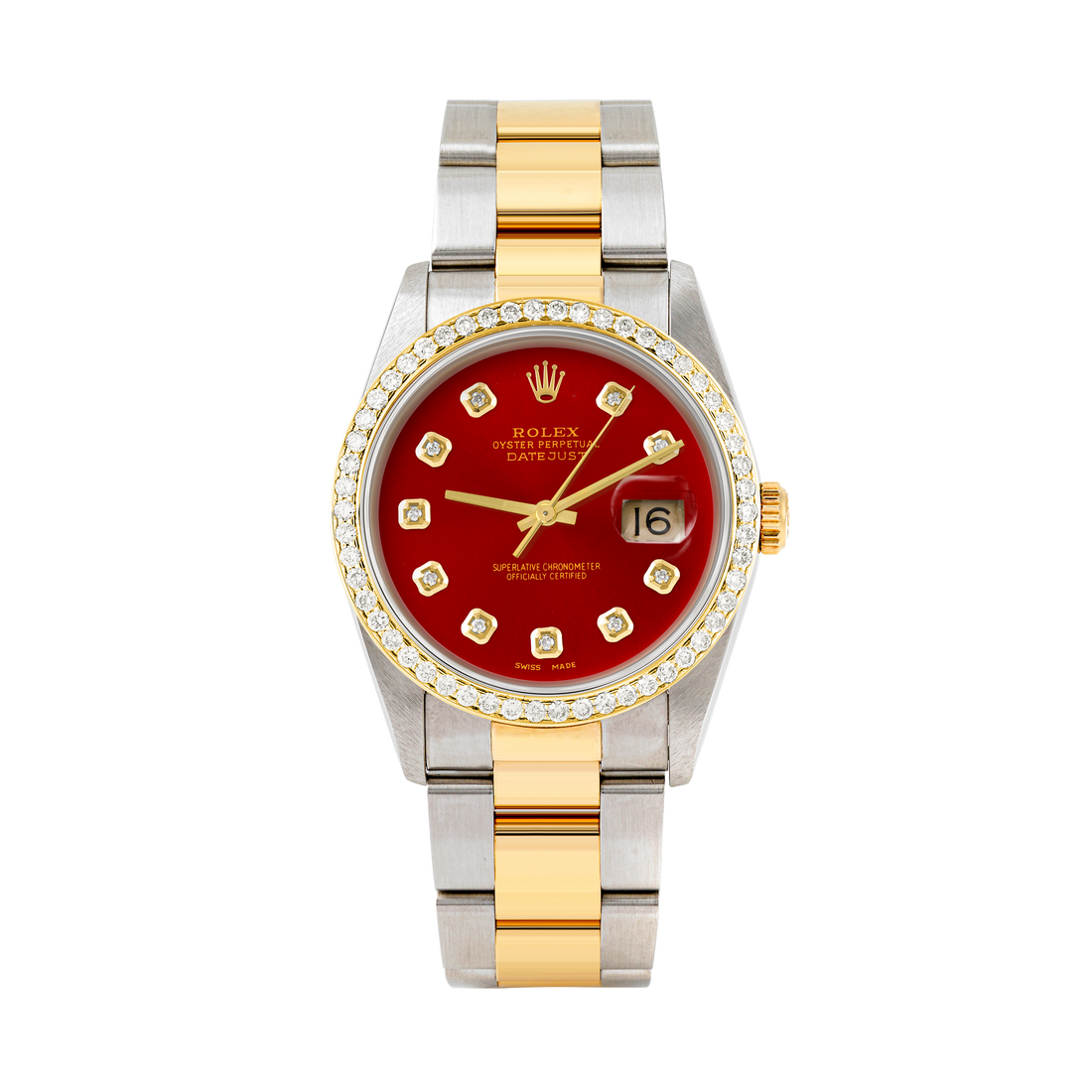 Rolex Datejust 36mm TWO TONE 16233 Red  Dial |  Diamond Hour Markers | 1ct Diamond Bezel