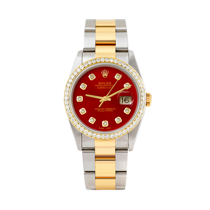 Rolex Datejust 36mm TWO TONE 16233 Red  Dial |  Diamond Hour Markers | 1ct Diamond Bezel
