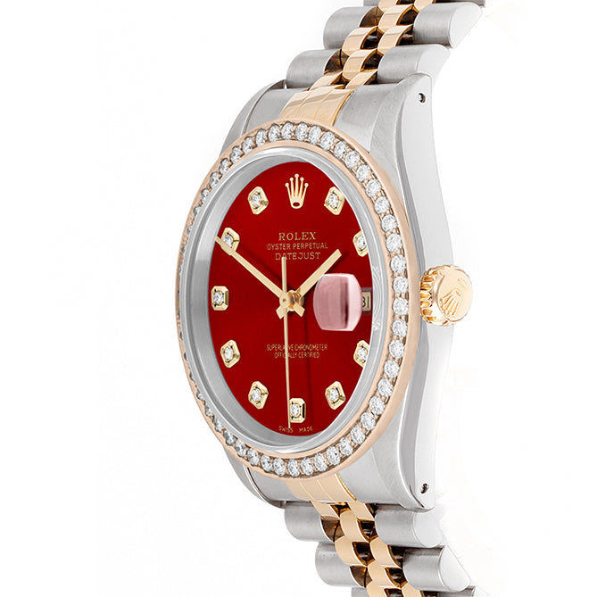 Rolex Datejust 36mm TWO TONE 16233 Red Dial | Diamond  Hour Markers | 1.8ct Diamond Bezel