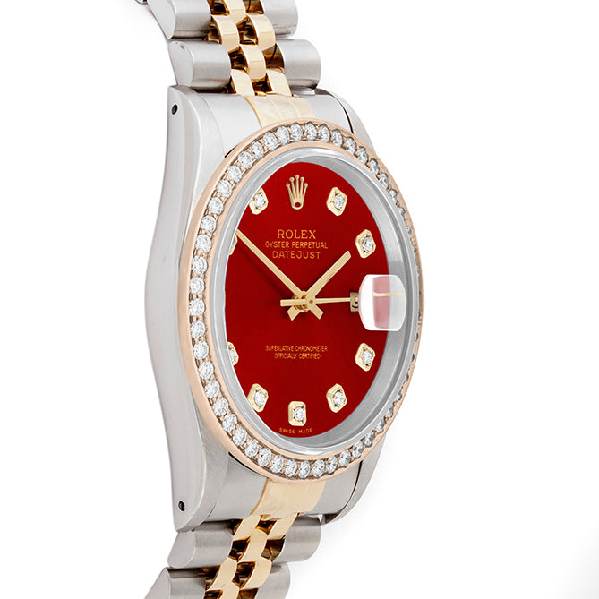 Rolex Datejust 36mm TWO TONE 16233 Red Dial | Diamond  Hour Markers | 1.8ct Diamond Bezel