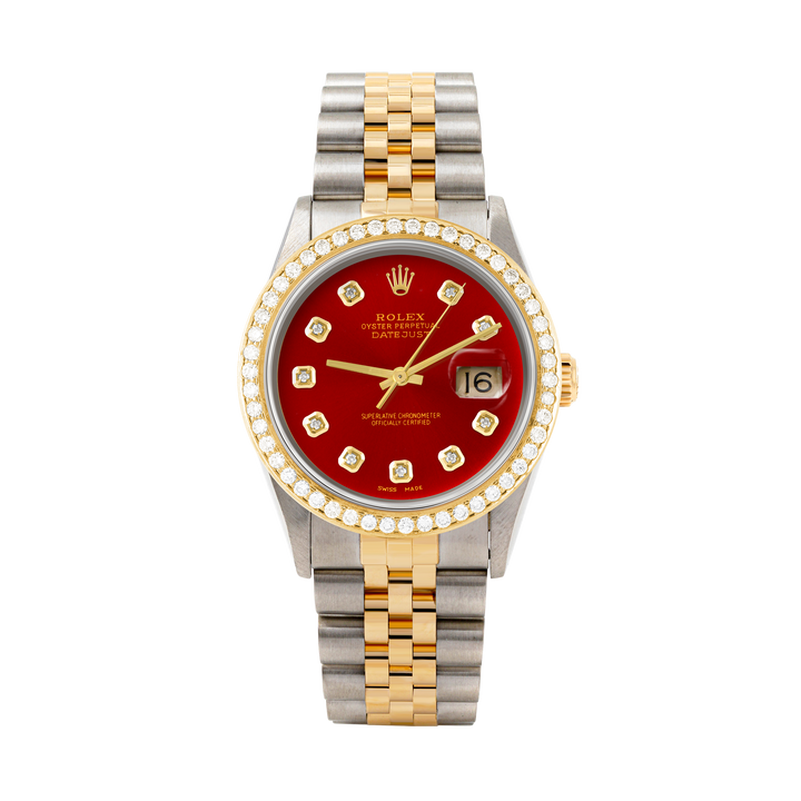 Rolex Datejust 36mm TWO TONE 16233 Red Dial | Diamond  Hour Markers | 1.8ct Diamond Bezel