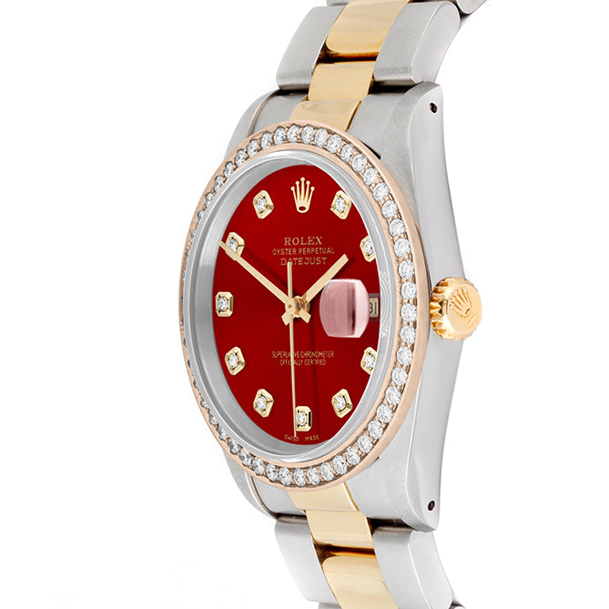 Rolex Datejust 36mm TWO TONE 16233 Red Dial | Diamond  Hour Markers | 1.8ct Diamond Bezel