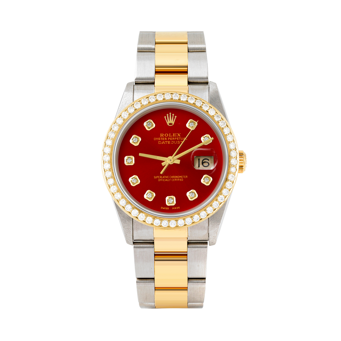 Rolex Datejust 36mm TWO TONE 16233 Red Dial | Diamond  Hour Markers | 1.8ct Diamond Bezel