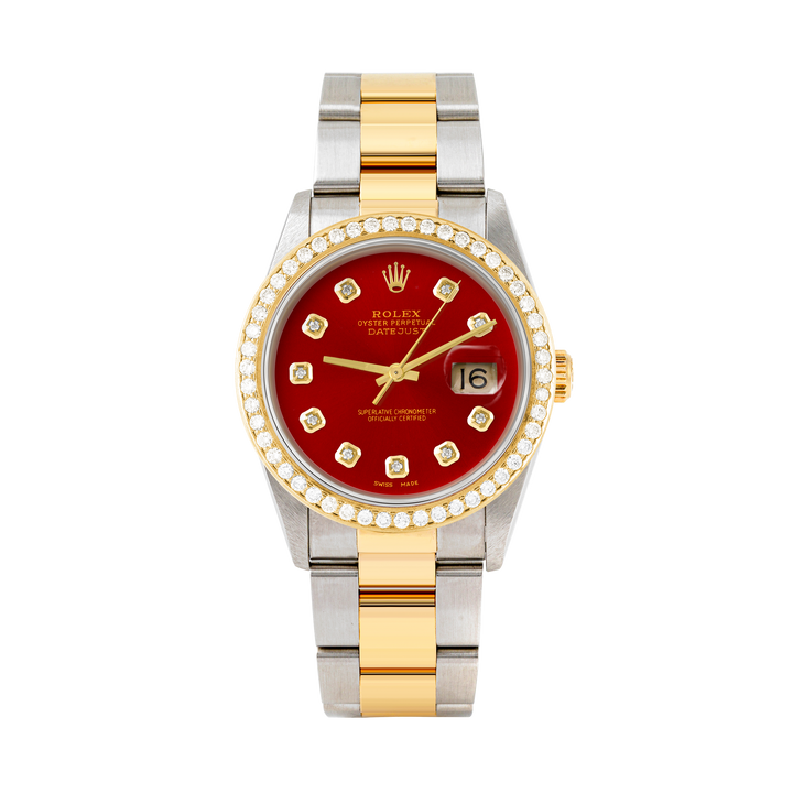 Rolex Datejust 36mm TWO TONE 16233 Red Dial | Diamond  Hour Markers | 1.8ct Diamond Bezel