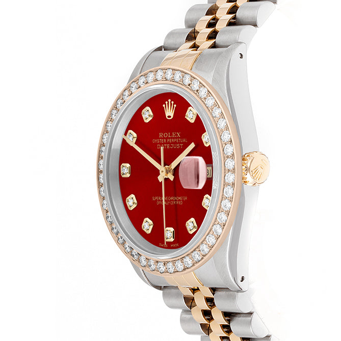 Rolex Datejust 36mm TWO TONE 16233 Red Dial | Diamond Hour Markers | 2ct Diamond Bezel
