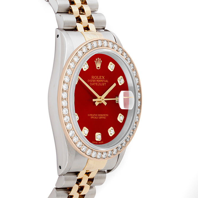 Rolex Datejust 36mm TWO TONE 16233 Red Dial | Diamond Hour Markers | 2ct Diamond Bezel