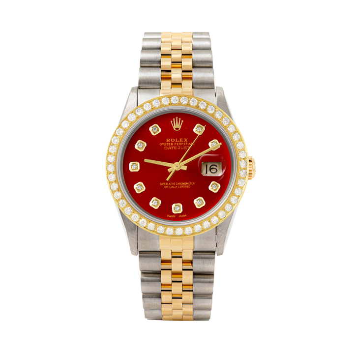 Rolex Datejust 36mm TWO TONE 16233 Red Dial | Diamond Hour Markers | 2ct Diamond Bezel