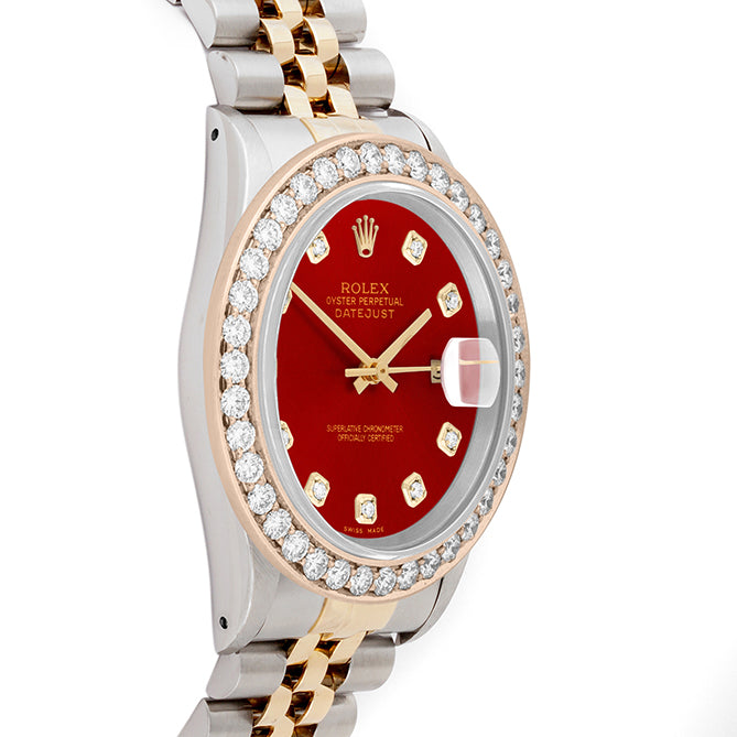 Rolex Datejust 36mm TWO TONE 16233 Red Dial | Diamond Hour Markers | 2.5ct Diamond Bezel