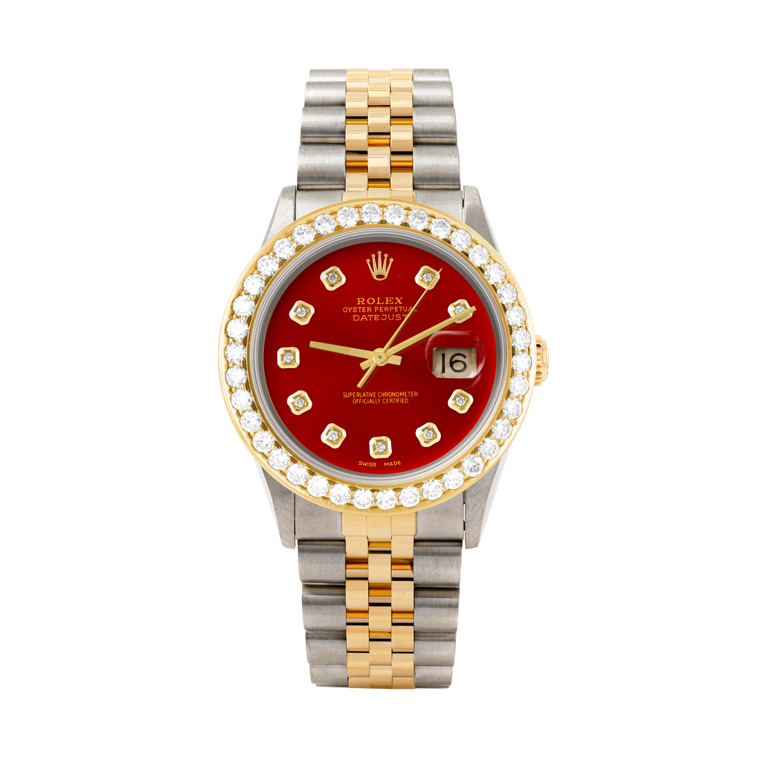 Rolex Datejust 36mm TWO TONE 16233 Red Dial | Diamond Hour Markers | 2.5ct Diamond Bezel