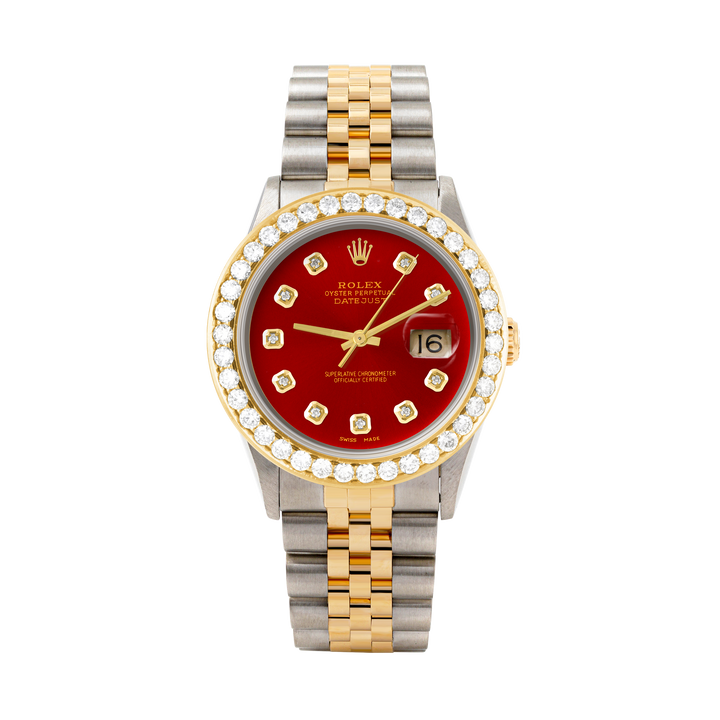 Rolex Datejust 36mm TWO TONE 16233 Red Dial | Diamond Hour Markers | 2.5ct Diamond Bezel