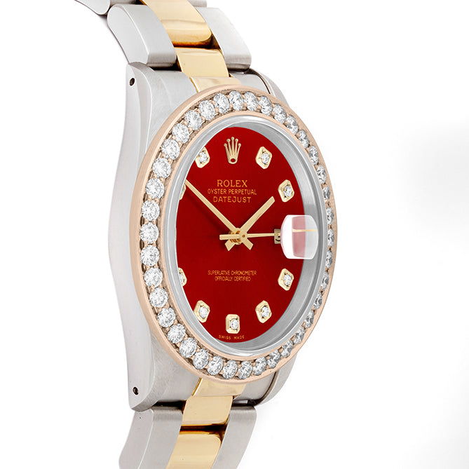 Rolex Datejust 36mm TWO TONE 16233 Red Dial | Diamond Hour Markers | 2.5ct Diamond Bezel