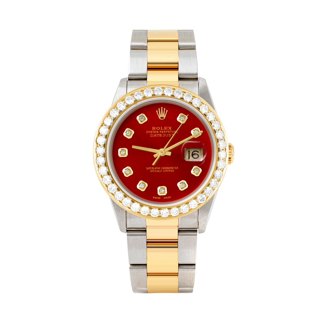 Rolex Datejust 36mm TWO TONE 16233 Red Dial | Diamond Hour Markers | 2.5ct Diamond Bezel