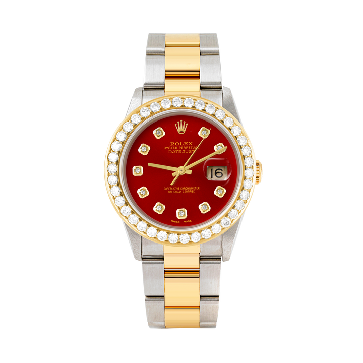 Rolex Datejust 36mm TWO TONE 16233 Red Dial | Diamond Hour Markers | 2.5ct Diamond Bezel