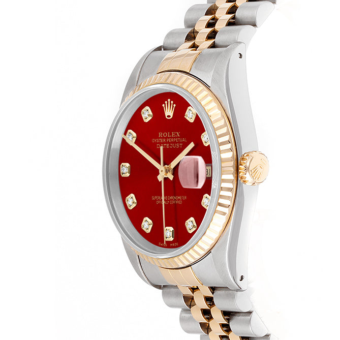 Rolex Datejust 36mm TWO TONE 16233 RED Dial | Diamond  Hour Markers | Fluted Bezel