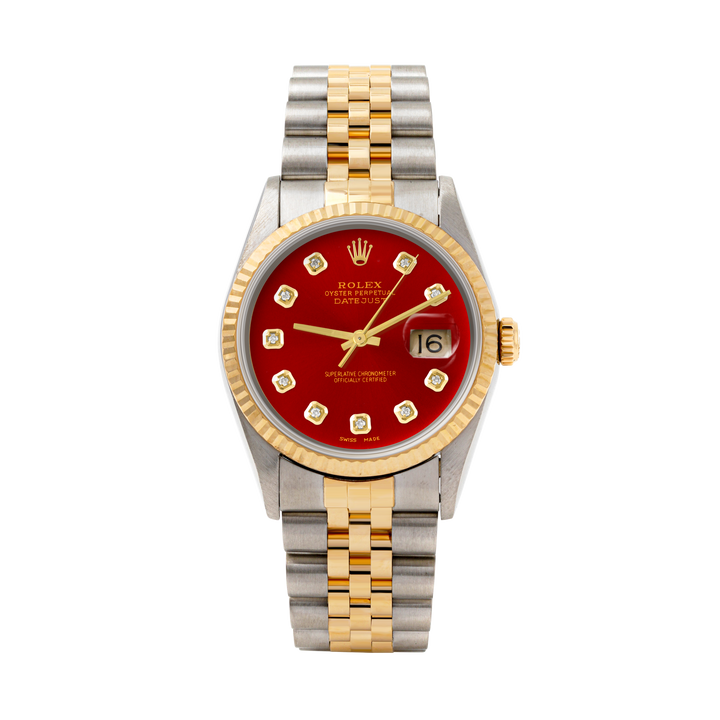 Rolex Datejust 36mm TWO TONE 16233 RED Dial | Diamond  Hour Markers | Fluted Bezel