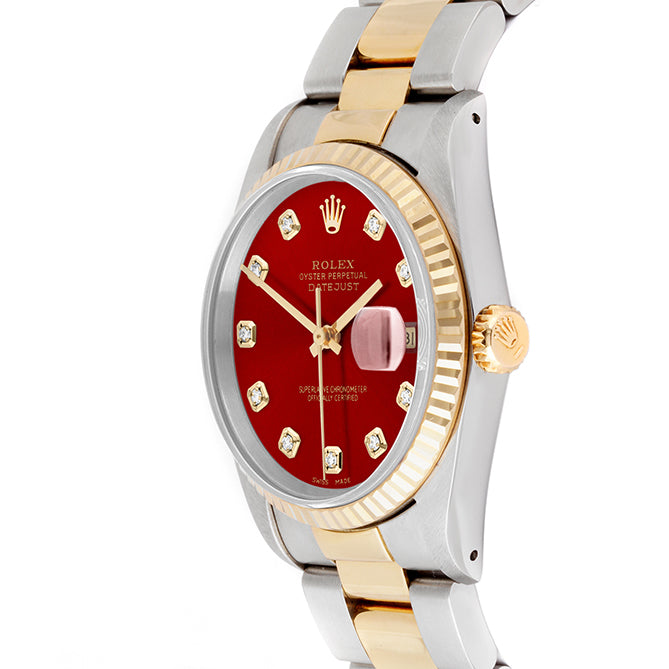 Rolex Datejust 36mm TWO TONE 16233 RED Dial | Diamond  Hour Markers | Fluted Bezel