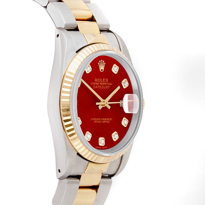 Rolex Datejust 36mm TWO TONE 16233 RED Dial | Diamond  Hour Markers | Fluted Bezel