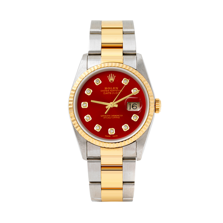 Rolex Datejust 36mm TWO TONE 16233 RED Dial | Diamond  Hour Markers | Fluted Bezel