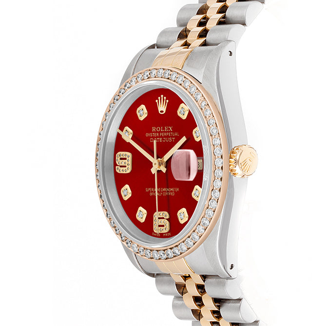 Rolex Datejust 36mm TWO TONE 16233 Red  Dial |  6&9 Diamond  Hour Markers | 1ct Diamond Bezel