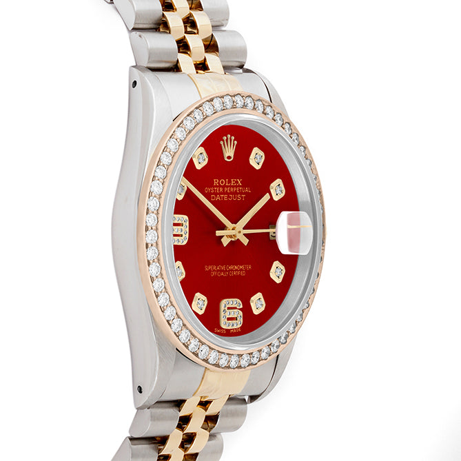 Rolex Datejust 36mm TWO TONE 16233 Red Dial | 6&9 Diamond Hour Markers | 1.8ct Diamond Bezel