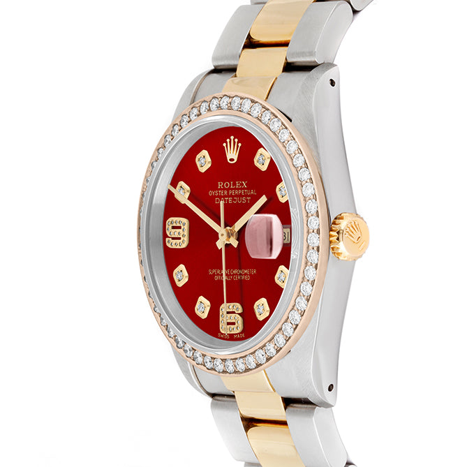 Rolex Datejust 36mm TWO TONE 16233 Red Dial | 6&9 Diamond Hour Markers | 1.8ct Diamond Bezel