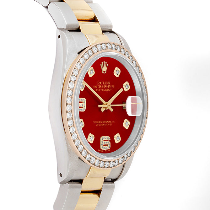 Rolex Datejust 36mm TWO TONE 16233 Red Dial | 6&9 Diamond Hour Markers | 1.8ct Diamond Bezel