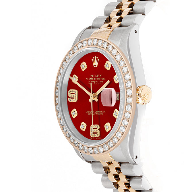 Rolex Datejust 36mm TWO TONE 16233 Red  Dial |  6&9 Diamond  Hour Markers | 2ct Diamond Bezel