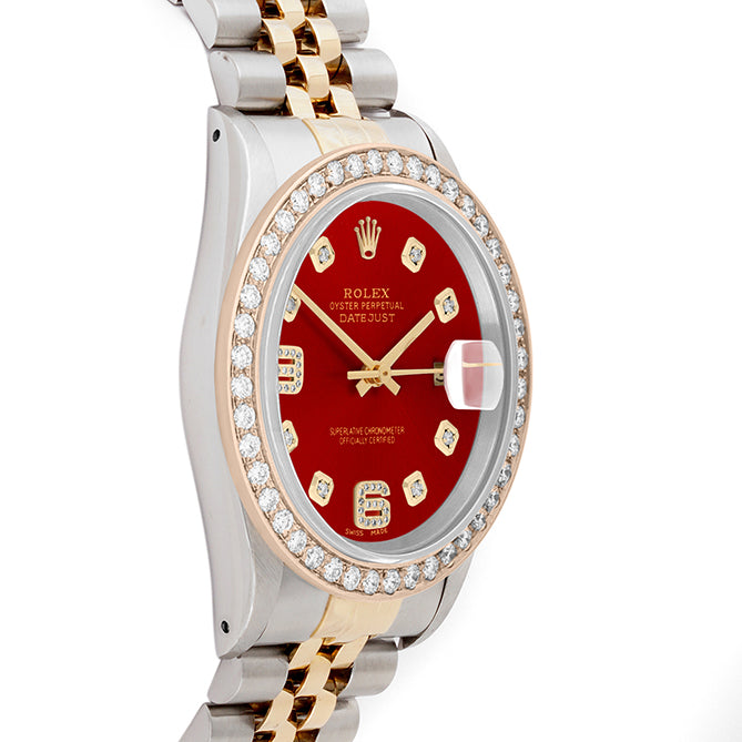 Rolex Datejust 36mm TWO TONE 16233 Red  Dial |  6&9 Diamond  Hour Markers | 2ct Diamond Bezel