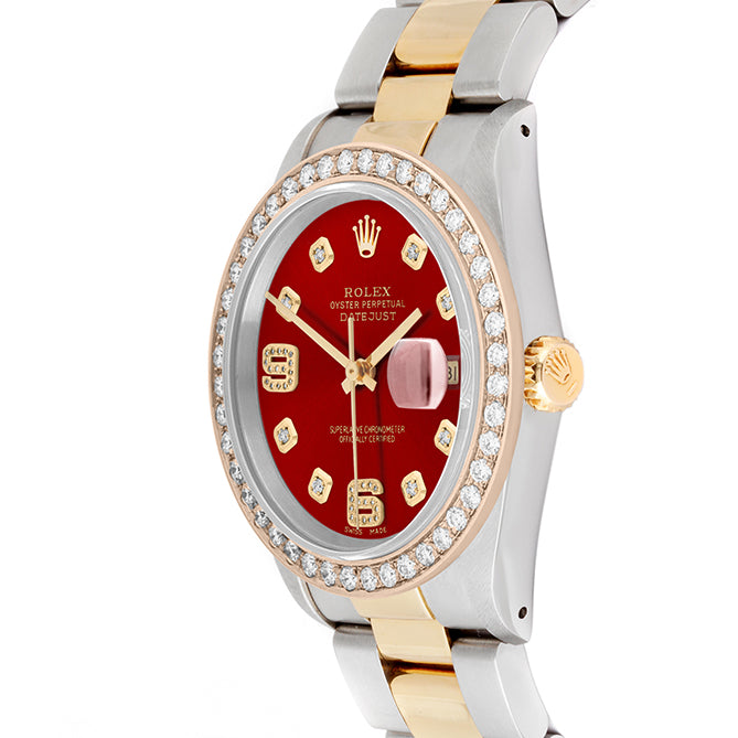 Rolex Datejust 36mm TWO TONE 16233 Red  Dial |  6&9 Diamond  Hour Markers | 2ct Diamond Bezel